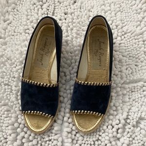 Jack Rogers Palmer Espadrille Wedge Blue Suede Metallic Trim Open Toe 8M